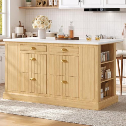 63" Kitchen Island with Storage, Farmhouse Stationary Island Table with 6 Drawers & Open Shelves, Heat-Resistant Countertop Storage Cabinet for Kitchen, Natural