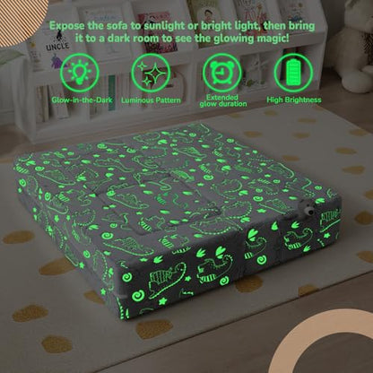 MeMoreCool Glow Dinosaur Kids Couch, Gray Modular Fold Out Play Couch | Glow Dino Foam Kids Sofa Set, Machine-Washable Cover - color: Grey Dinosaur