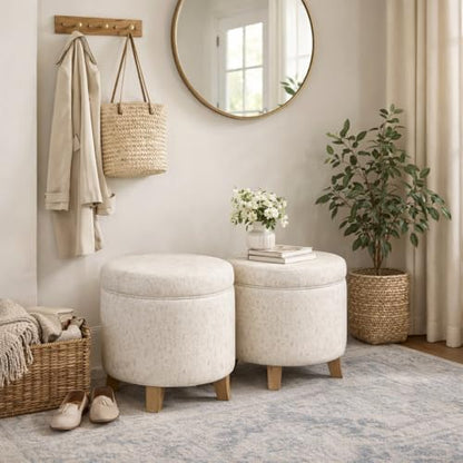 HomePop 19" Round Storage Ottoman with Flared Legs - Linen - color: Linen Cream
