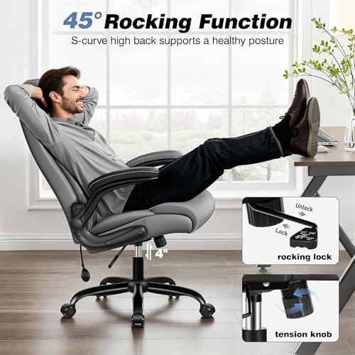 BESTFAIR High Back Office Chair, Adjustable Lumbar Support, Rocking, Gray | Inflatable Lumbar Eases Lower Back Fatigue, Padded Flip-Up Armrests, 21" Wide Seat, Scratch-Resistant PU Leather, 2 Pack - color: Grey, size: 2 Pack