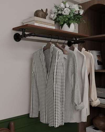 Clothes Rack 36in, Wall Mounted Garment Rack with Real Wood Shelf, Heavy Duty Hanging Clothes Rack, Multi-Purpose Hanging Rod, Space-Saving Closet Storage - color: Brown, size: 1T36IN