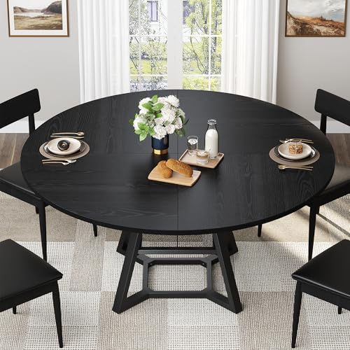 knoworld 51'' Round Dining Table, Kitchen Tables Dining Room Circle Dinner Table with Pedestal Metal Frame, Space Saving Wood Industrial Kitchen & Dining Room Tables, Black 51In - color: Black, size: 51In