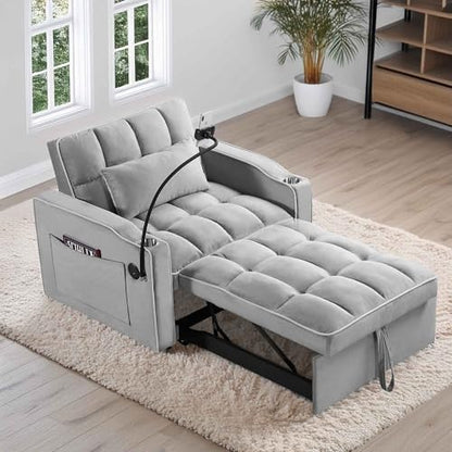 Majnesvon Convertible Chair Bed 3 in 1, Sofa Bed Chair (Grey) | Adjustable Backrest & Cup Holder & Charging Station, Small Space One Person Couch for Apartment, Office, Living Room, Bedroom - color: Grey