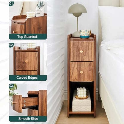Narrow Nightstand Set of 2, Wooden Small 2 Drawer Nightstand, Slim Side End Table, Skinny Bedside Table, Mid Century Modern Night Stand with Drawers for Bedroom (Walnut-1 pc) - color: Walnut-1 Pc