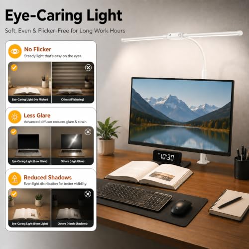 LED Desk Lamp with Clamp, Dual Head Desk Light for Home Office, Eye-Caring Monitor Desk Lamp with Remote, Flexible Gooseneck Architect Task Lamp, 10 Brightness Levels & 5 Color Modes White - color: White
