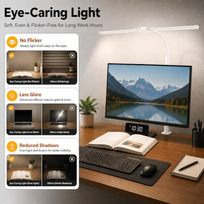 LED Desk Lamp with Clamp, Dual Head Desk Light for Home Office, Eye-Caring Monitor Desk Lamp with Remote, Flexible Gooseneck Architect Task Lamp, 10 Brightness Levels & 5 Color Modes White - color: White