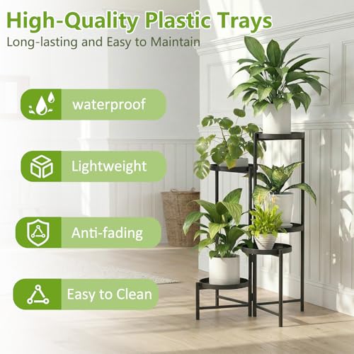 5 Tier Tall Metal Plant Stand, Duty Tiered Flower Shelf for Patio Garden | Rotatable 5-tier design, Foldable storage, leakproof trays, Waterproof rustproof, 10-minute easy assembly - size: 5 Tier
