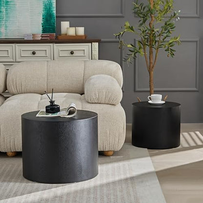 Nesting Coffee Table Set of 2 for Living Room, Modern Round End Table Set, Wooden Circle Side Table and Accent Furniture for Bedroom Balcony Lounge Home Office, No Assembling, Matte Black - color: Black