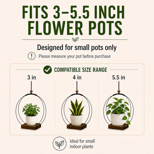 Hanging Planter for Indoor Plants, Black Plant Hanger Indoor with Sturdy Wood Base, Modern Boho Macrame Plant Hanger for 3-5.5 Inch Pot, Hanging Wall Ceiling Window Home Decor (Pots Not Included)