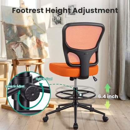 Armless Drafting Chair Tall Office Chair for Standing Desk - Adjustable Height Mesh Ergonomic Drafting Stool with Foot Ring & Wheels, Rolling Counter Height Computer Chair for Home Office - color: Orange