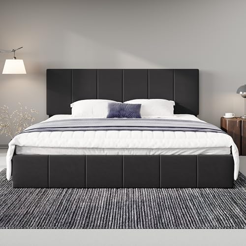 Allewie King Size Dutch Velvet Upholstered Platform Bed Frame/Vertical Channel Tufted Adjustable Headboard/Low Profile Bed Frame/No Box Spring Needed/Easy Assembly/Black - color: Black, size: King