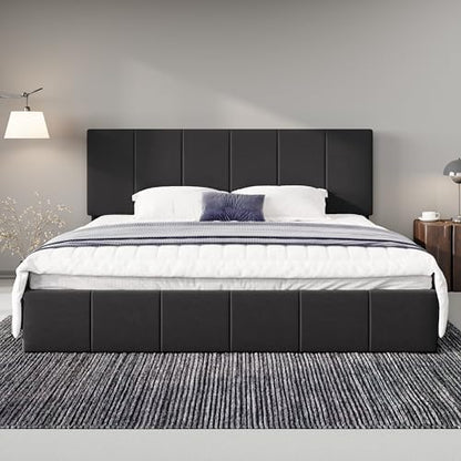 Allewie King Size Dutch Velvet Upholstered Platform Bed Frame/Vertical Channel Tufted Adjustable Headboard/Low Profile Bed Frame/No Box Spring Needed/Easy Assembly/Black - color: Black, size: King