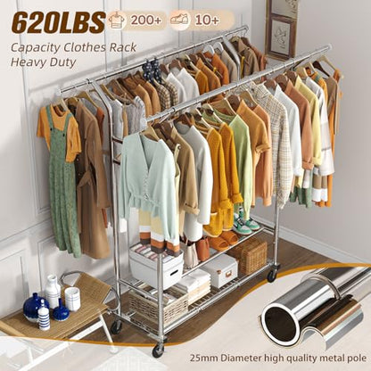 Simple Trending Heavy Duty Clothing Clothes Rack for Hanging, Rolling Double Rod Garment Rack Organizer with Wheels Load 620 LBS, Chrome - size: Double Shelves