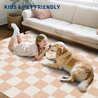 GarveeHome Checkered Blush Beige 2x6 Washable Low-Pile Kitchen Runner Rug | Non-Slip Blush Beige Stain Resistant Rug for Kitchen Hallway Entryway Bedroom Bathroom Geometric Modern Rug TPE Backing - color: Blush Beige, size: 2' x 6' (Rectangular)