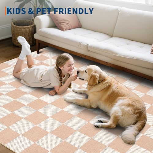 GarveeHome Checkered Blush Beige 6x9 Washable Rug Low-Pile Bedroom Nursery | Non-Slip Blush Beige Soft Stain Resistant Rug for Bedroom Bathroom Living Room Geometric Modern Rug TPE Backing - color: Blush Beige, size: 6' x 9' (Rectangular)