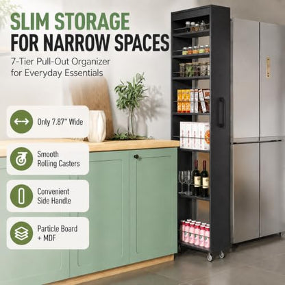 7-Shelf Tall Narrow Storage Cabinet with Wheels, 71 Inch, Black | Slim Pull-Out Organizer, 7.87 Inch Wide for Small Spaces Between Washer/Dryer, Kitchen, Bathroom and Laundry Room - color: E-black