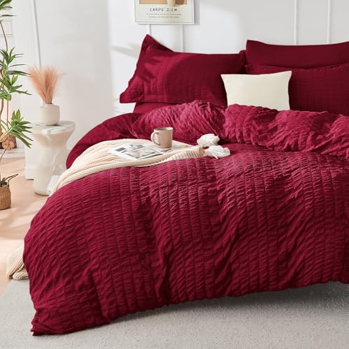 HYMOKEGE Burgundy Twin Size Duvet Cover, Ultra Soft 2-Piece Seersucker Duvet Cover Set with Zipper Closure, Soft Brushed Microfiber Bedding Set with 8 Corner Ties (68"x90", 1 Pillowshams) - color: Burgundy (No Comforter, size: Twin(68"×90")
