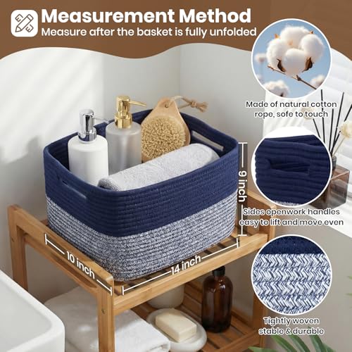 Storage Baskets for Organizing, 14 x 10 x 9” Closet Shelf Woven Baskets, Square Bins with Handles, Cotton Rope Basket for Clothes, Office, Room, Grey+Blue 1 Pack - color: Grey+Blue, size: 1pc