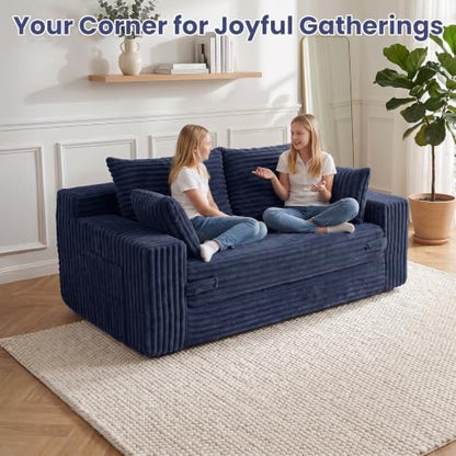 3-in-1 Convertible Sofa Bed: Boneless Loveseat Sleeper & Folding Couch Bed with 4 Pillows & Detachable Cushion,Furry Futon Couch for Bedroom,Apartment,Office and Living Room, No Assembly,Blue - color: Blue, size: Loveseat Sofa