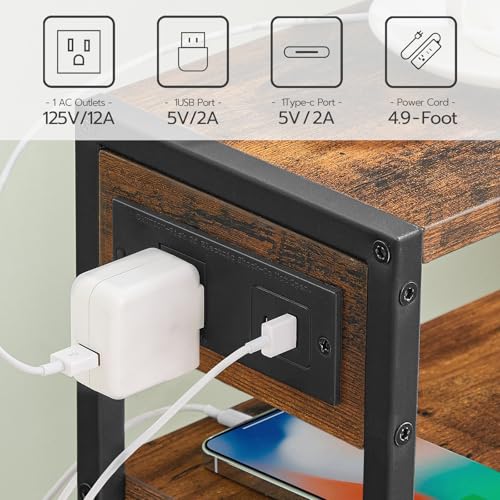 HOOBRO Small Narrow Side Table with Charging Station, Skinny End Table for Small Spaces, Slim Nightstand with USB Ports Outlet, Sofa Beside Table with Storage Shelf, Rustic Brown and Black BF102UBZ01 - color: Rustic Brown + Black