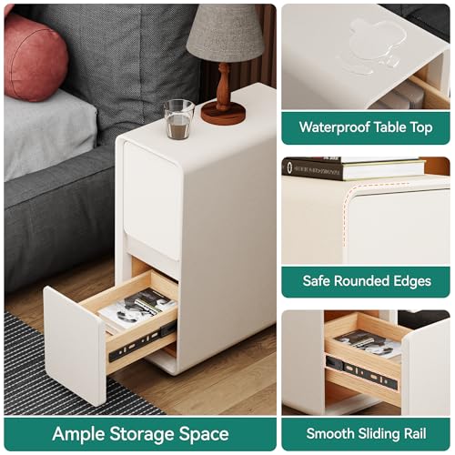 7.8" W Faux Leather Narrow Nightstand, Modern Fully-Assembled Bedside Table with 2 Drawers, Wood Night Stand Small Accent End Table & Side Table for Bedroom, Cream White - color: Cream, size: 8in