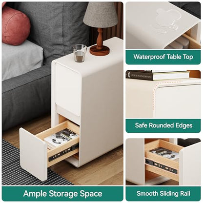 7.8" W Leather Narrow Nightstand Set of 2, Modern Fully-Assembled Bedside Table with 2 Drawers, White Night Stand Small Accent End Table & Side Table for Bedroom, Cream White - color: Cream Set of 2, size: 8in