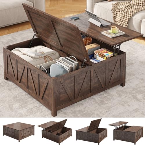 chartustriable 43.3“ Lift Top Coffee Table with Storage, Farmhouse Coffee Table with Large Hidden Storage Compartment and Shelves，Square Center Tables for Living Room, Tea Table Dark Brown - color: Brown