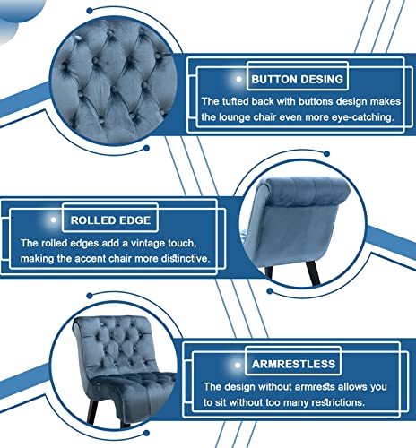 Comfy Velvet Accent Chair Set of 2, Tufted Armless Chair with Rolled Edge | Modern Small Lounger for Living Room, Upholstered Reading Chaise Lounge with Solid Rubber Wood Legs, Light Blue - color: Blue, size: Set of 2