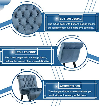 Comfy Velvet Accent Chair Set of 2, Tufted Armless Chair with Rolled Edge | Modern Small Lounger for Living Room, Upholstered Reading Chaise Lounge with Solid Rubber Wood Legs, Light Blue - color: Blue, size: Set of 2