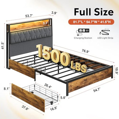 WLIVE Full Size Bed Frame with 4 Storage Drawers, Upholstered Bed Frame with Headboard, Platform Bed with LED Lights and Charging Station, 1500LBS Mattress Foundation, No Box Spring Needed