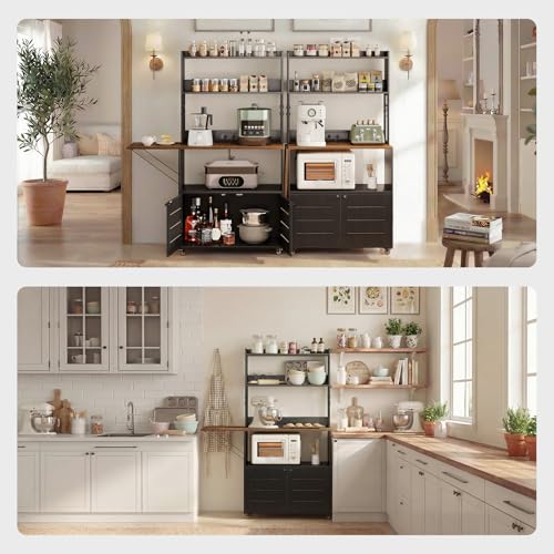 Bakers Rack with Power Outlet and Storage, 5-Tier Microwave Stand | Farmhouse Kitchen Hutch with Cabinet and Wheels, Coffee Bar with Foldable Side Table, Storage Shelves, 6 Hooks, Black - color: Black