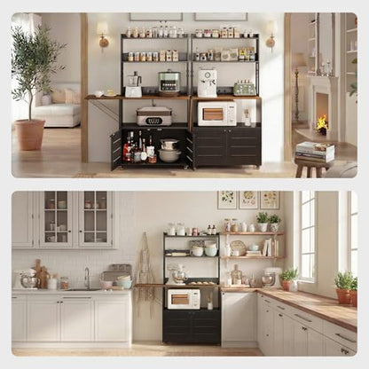 Bakers Rack with Power Outlet and Storage, 5-Tier Microwave Stand | Farmhouse Kitchen Hutch with Cabinet and Wheels, Coffee Bar with Foldable Side Table, Storage Shelves, 6 Hooks, Black - color: Black