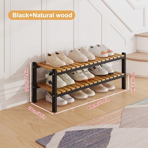 Bamboo Shoe Rack Organizer for Closet and Entryway - Space-Saving Narrow Shoe Stand - Versatile Shoe Holder for Door or Closet Shelf, Garage Bedroom can Freely Stack DIY Small Shoe Racks 2 Tier - color: Black+natural Color, size: 2-Tier