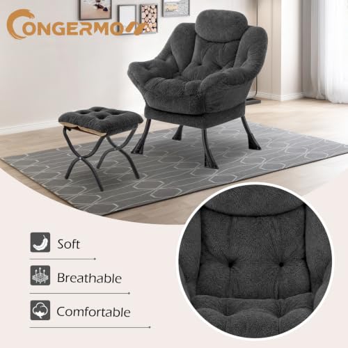 Lazy Chair with Folding Ottoman,Leisure Sofa Chair,Soft Fabric Armchair with Armrests and Side Pockets, Reading Chair with Footrest for Living Room, Bedroom, Office (Plush Dark Grey) - color: Plush Dark Grey