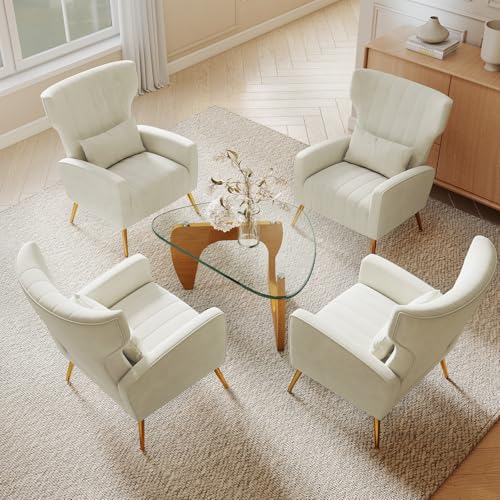 Nebuaegis Beige Velvet Accent Chair Set of 4, Wingback Chair for Living Room, High Back Arm Chair with Golden Legs Lumbar Pillow, Upholstered Single Sofa Bedroom - color: Beige, size: Set of 4