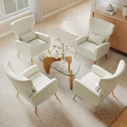 Nebuaegis Beige Velvet Accent Chair Set of 4, Wingback Chair for Living Room, High Back Arm Chair with Golden Legs Lumbar Pillow, Upholstered Single Sofa Bedroom - color: Beige, size: Set of 4