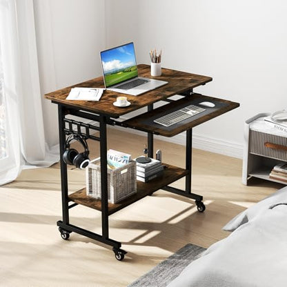 GOFLAME Mobile Computer Desk with Pull-Out Keyboard Tray, Compact Laptop Cart, Home Office Desk with Lockable Wheels, Writing Workstation, CPU Stand, Task Study PC Desk for Small Spaces, Study