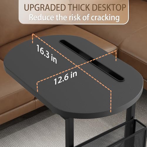Fashion TV Tray Table with Large Tabletop, Adjustable Sofa Table with Storage Baskets, Strong Metal Frame, Tv Dinner Tray Table for TV Watching, Meals, Snacks (Oval, Black, 16.93inch x 12.6inch)