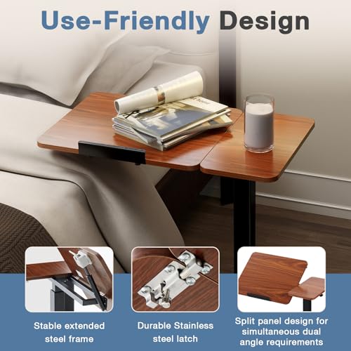 DUMOS Adjustable Bedside Overbed Table with Wheels, Brown | Laptop Standing Desk with Tilting Top Height, Mobile Rolling Computer Cart for Hospital Home Bedroom Use - color: Rust Brown, size: 27.5" x 15.7" x 43.3"