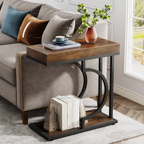 Tribesigns Narrow Side Table Set of 2, C Shaped End Table for Couch, Modern Bedside Tables with Metal Frame, Small Sofa Tables for Small Spaces, Living Room (2, Brown+Black) - color: Brown+black