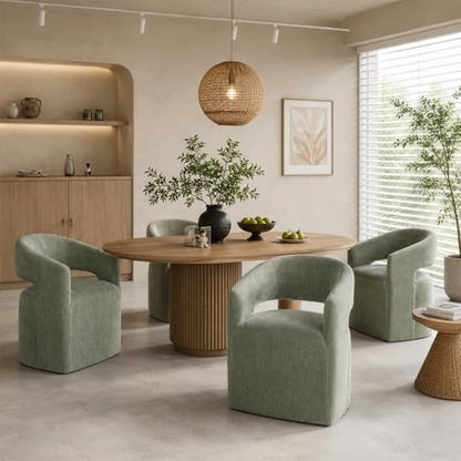 Barrel Accent Chair with Casters, Contemporary Upholstered Arm Chair with Wraparound Back, Plush Rounded Seat, Pedestal Base for Living Room Bedroom Office, Green - color: Green