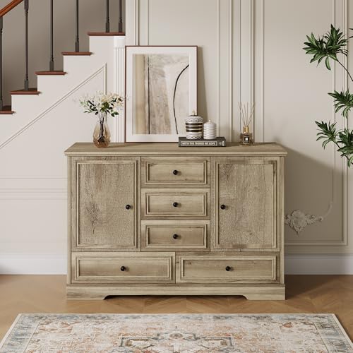 GarveeHome 47" Farmhouse Sideboard Buffet Cabinet, Sideboard Storage credenza with 5 Drawers and 2 Doors, Wood Coffee Bar Cabinet, Buffet Table for Dining Room Living Room, Oak - color: Oak