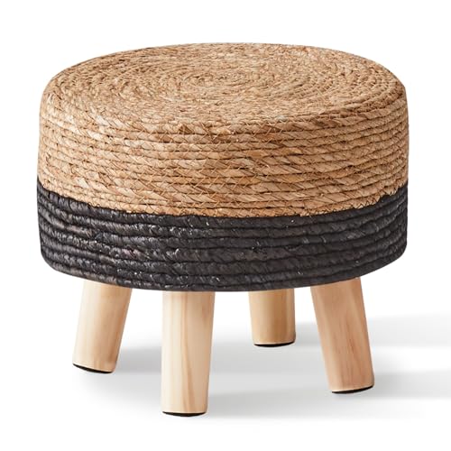 Cpintltr Ottoman Natural Seagrass Footrest Poufs Hand Weave Round Foot Stool for Couch Desk Soft Step Stool Padded Foot Rest with Pine Legs for Living Room Bedroom Natural/Black - color: Black