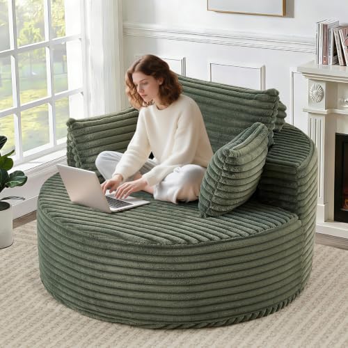 50'' Oversized Round Chaise Longue Chair, Upholstered Corduroy Single Cloud Circle Sofa Chair Comfy Deep Seat Boneless Couch Bed No Assembly Required for Living Room, Bedroom Apartment, Green - color: Green, style: 50"Corduroy