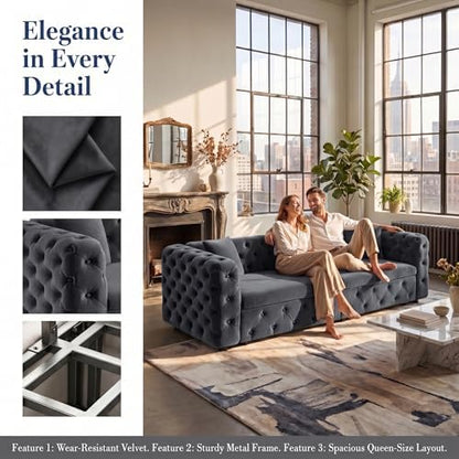 89" 4-Seater Queen Size Pull Out Sofa Bed with 3 Pillows, Gray | 4-Seater Classic Velvet Sofa with Tufted Design,3 Pillows,89" Extra Large 3-in-1 Pull Out Sofa - color: Q-dark Gray-w02