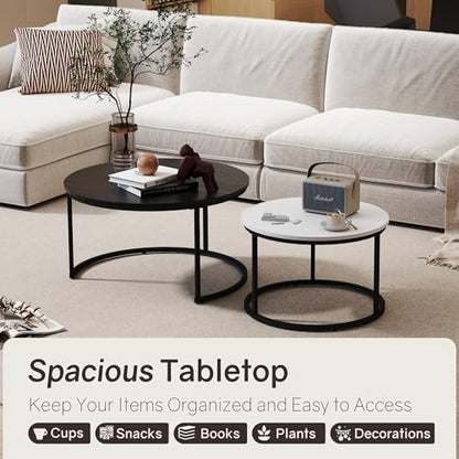 Otterease Nesting Tables Set of 2, Small Round Coffee Table for Living Room | Nesting Coffee Table with Adjustable Non-Slip Feet, Wood Grain Top Nesting Table for Bedroom (Wood Grain Black & White) - color: 31.5" Wood Grain Black&white