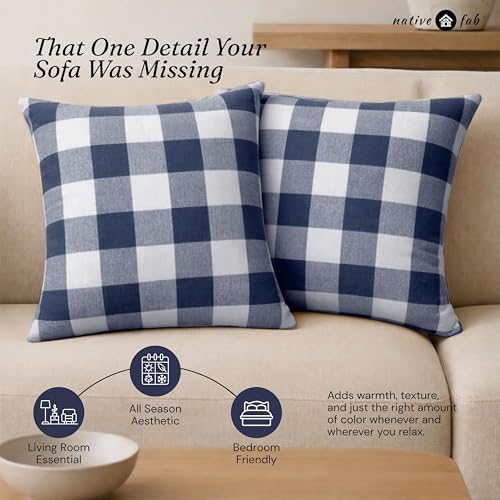 Native Fab Premium Throw Pillow Covers 2 Pack, 20x20 Inches, 100% Cotton, Buffalo Checkered Pattern, Square Cushion Cases, Modern Farmhouse Decor for Bedding, Bench, Home, Navy Blue & White - color: Buffalo Navy Blue, size: 20" x 20" (Pack of 2)