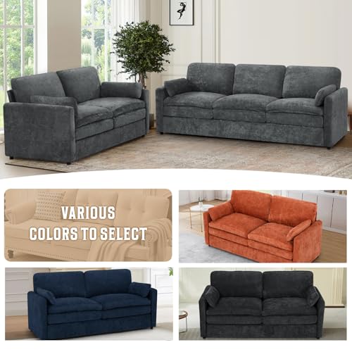 69" Chenille Soft Sofa w/Well-Filled Backrests, Grey | Modern Loveseat w/Plump Pillows, 2 Seater Upholstered Couch w/Thick & Comfy Cushions for Living Room, Bedroom - color: Grey, size: Loveseat