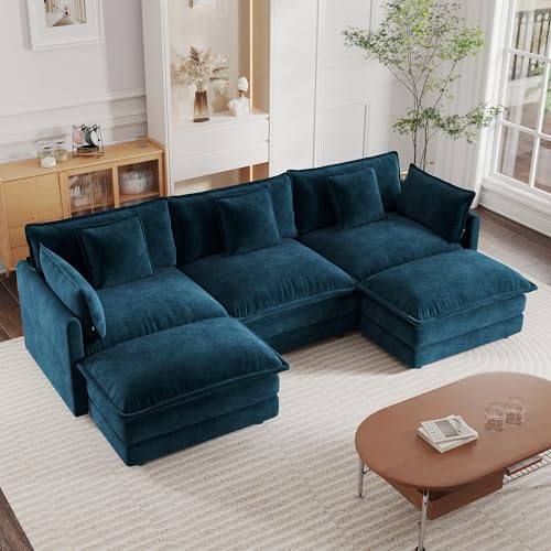 Modular Sectional Sofa, 111.5 Inch U Shaped Couch Set for Living Room, 3-Seater Comfy Cloud Couches with Movable Ottoman, DIY Combination, Chenille, Blue - color: Blue, size: 111.5 Inch- U
