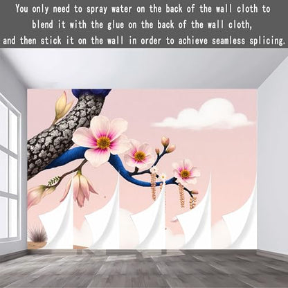 Custom Size Wall Sticker Mural， Blooming Magnolia Tree with Clouds， for wall Decoration， peelandstick wall Decals.